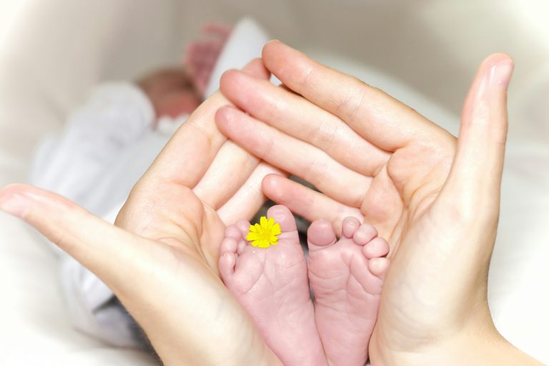 Newborn baby feet cradled in adult hands, with a small yellow flower on one foot